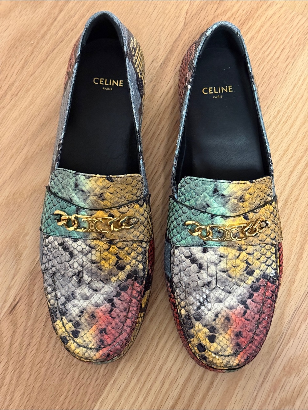 Celine Multicolor Python Embossed Triomphe leather Loafers with Gold hardware